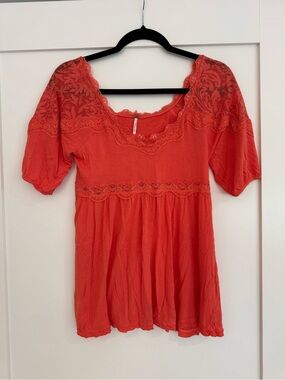 Free People Y2K Coral Lace Babydoll Top Size Small Boho Crochet Trim